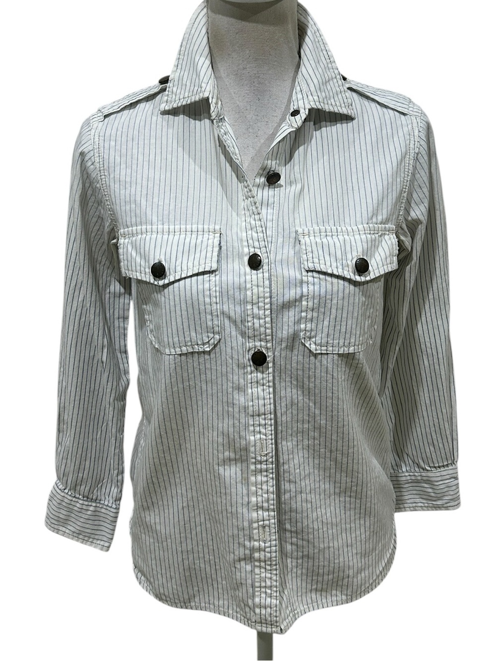 Current Elliott Button-Front Utility Shirt White cotton blue Pinstripes size 0